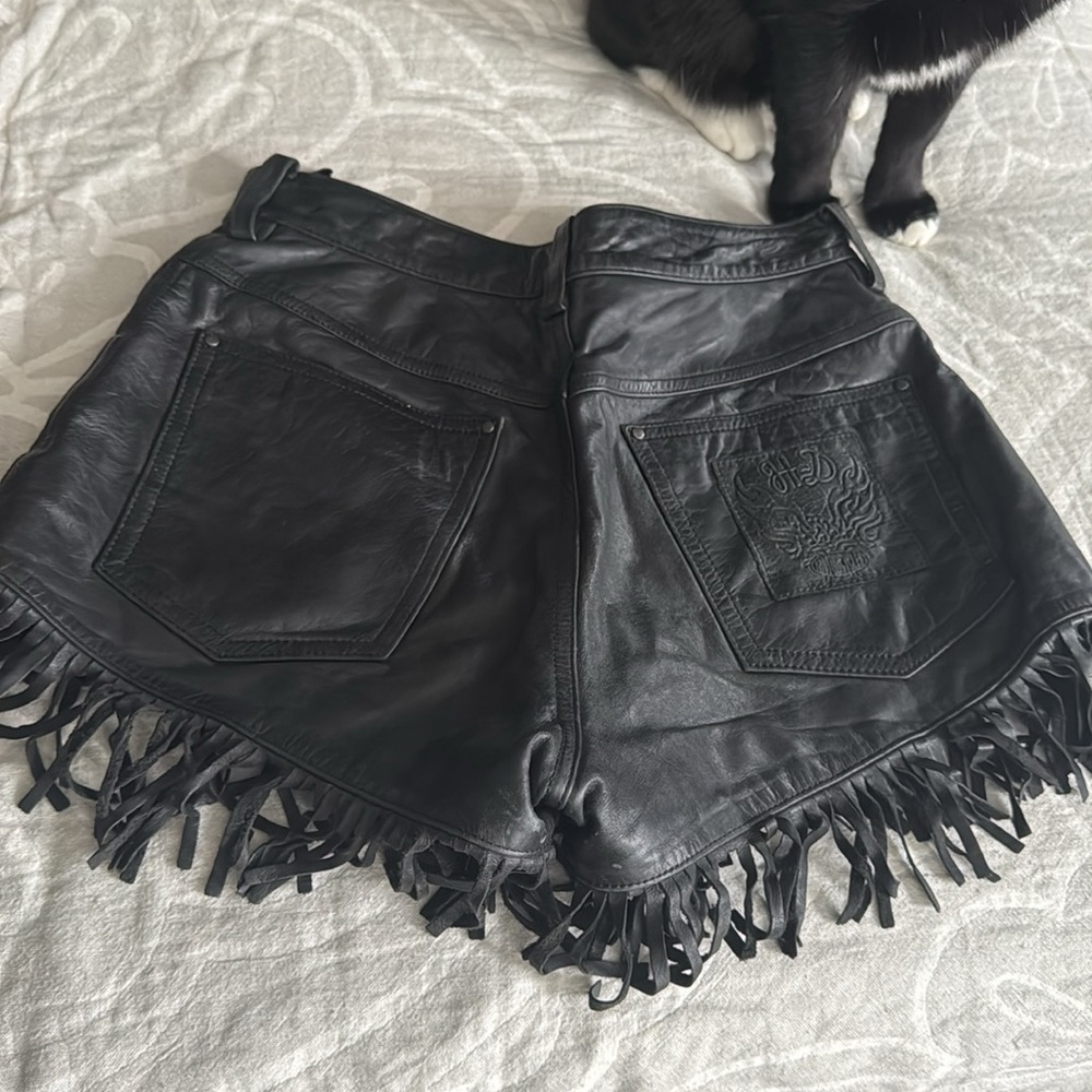 Harley Davidson Vintage Black Leather Fringe Shorts